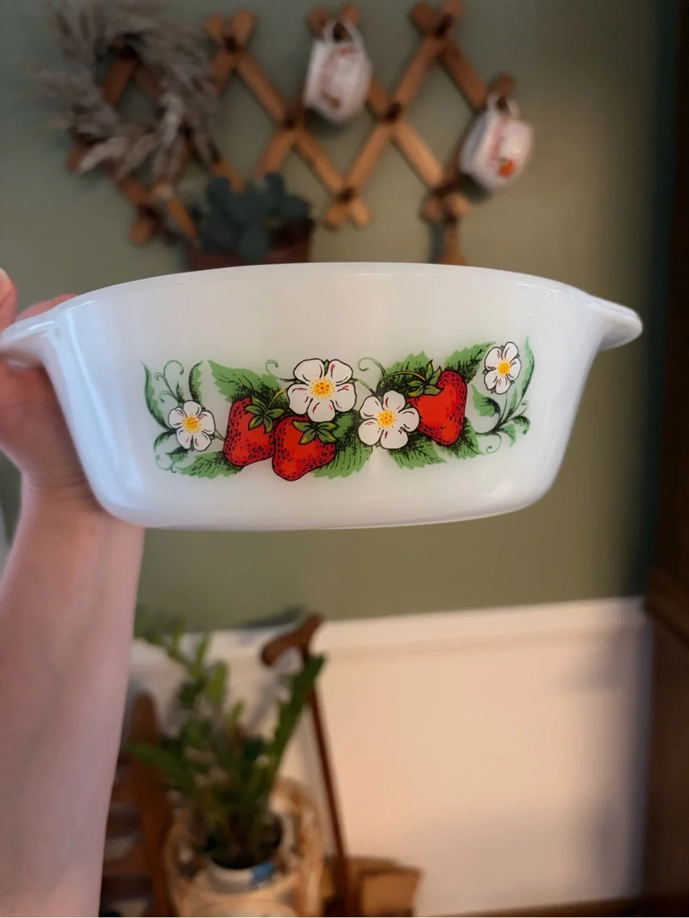 White Glass Strawberry Floral Casserole Dish